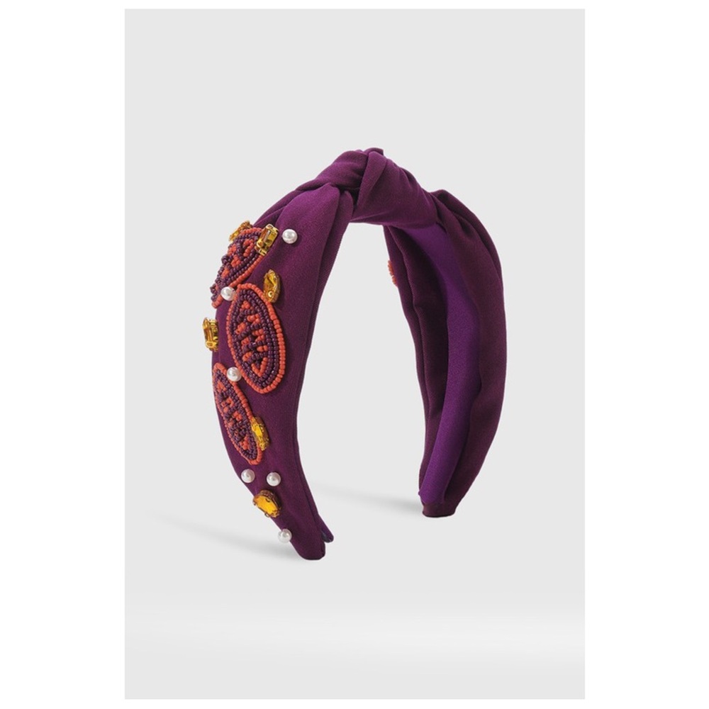 Game Day Football Beaded Top Knot Headband Purple-Orange